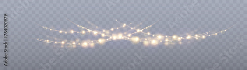 Festive garland isolated on transparent background. Glowing yellow light bulbs with sparkles. Decor for Christmas, New Year, wedding or birthday. Vector