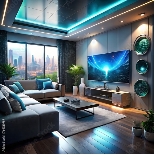  virtual reality simulation of a futuristic smart house  with streams of data flowing through interconnected devices