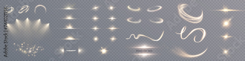 Set of lighting effects. Sun, stars and glare of golden glowing light, spotlight, light swirl for advertising and game design isolated on transparent background. Glow effect. Vector