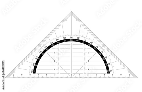 Triangle ruler Triangle ruler or set square. protractor icon. Grids for a ruler in millimeter, centimeter. 0, 45 en 90 degrees. Rulers mm, cm scale. metric units measurinor set square sign. Protractor
