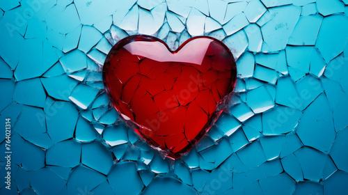 A shattered red heart against a stark blue background symbolizing heartbreak, broken relationship and emotional pain. Concept of lost love or betrayal.