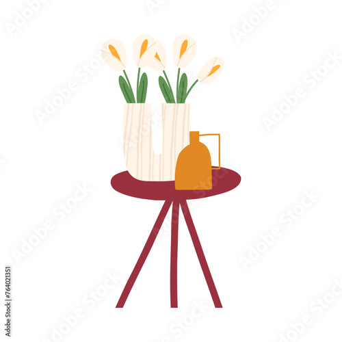 Modern vase with flowers on side table, home decor element, flat vector illustration isolated on white background. Cute hand drawn decoration in boho style.