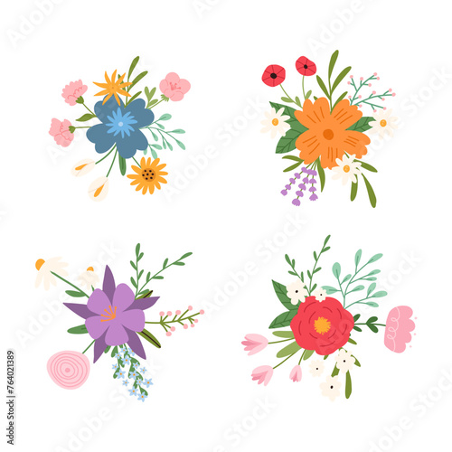 Fototapeta Naklejka Na Ścianę i Meble -  Set of floral compositions, cartoon flat vector illustration isolated on white background. Collection of cute hand drawn spring and summer flowers. Colorful bouquets.