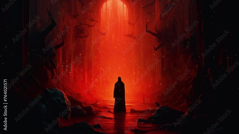 demon watching the darkness. death and abomination with a burning red fire. animated landscape on the theme of the devil