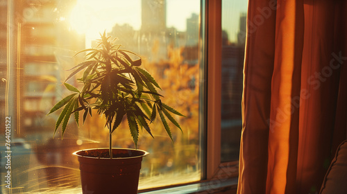 cannabis plant in a pot standing in a window 