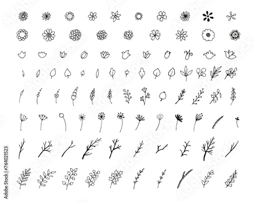 Set of simple doodles of flowers and twigs