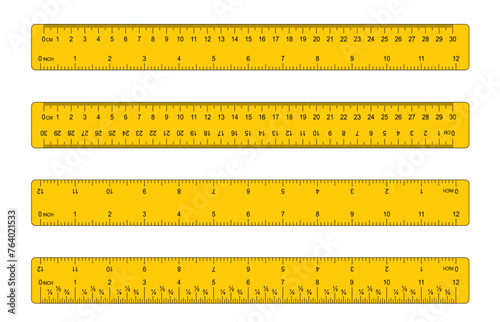 Grids for a ruler in millimeter, centimeter, meter and inch. Metal rulers mm, cm, m scale. metric units measuring scale bars for ruler scale. Yellow tape measure. School tools.