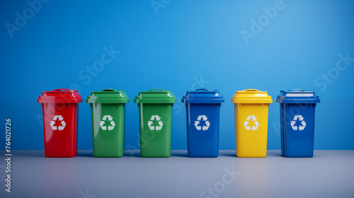 Colorful garbage bins for separate waste collection in a row with recycling symbols against blue wall. © AB-lifepct