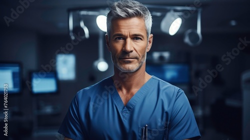 Professional photo of a portrait of a confident male surgeon standing in front operating room background with backlighting and cinematic lighting and a dark blue color grading
