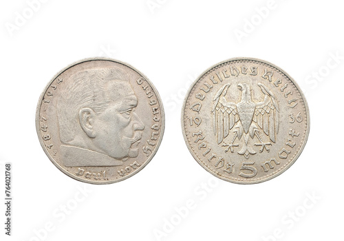 Old German silver coin 5 mark Paul von Hindenburg 1936 isolated on white photo