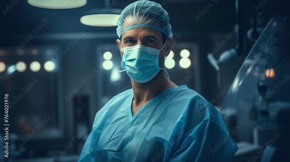 Professional photo of a portrait of a confident male surgeon standing in front operating room background with backlighting and cinematic lighting and a dark blue color grading Professional photo of a portrait of a confident male surgeon standing in front operating room background with backlighting and cinematic lighting and a dark blue color grading