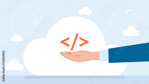 Online programing or coding. Programming code symbol in hand. Coding or Hacker background. Code, program, coder concept. Development and software concept. Vector Illustration.