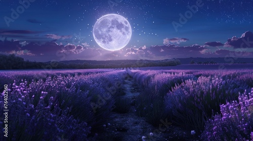 Expansive fields of lavender stretch towards the horizon, under the light of a full moon. The moonlight