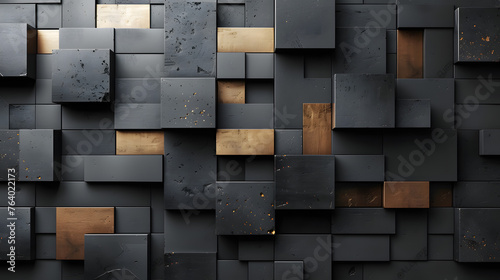 An intricate pattern of dark cubic shapes enhanced by strategic gold accents