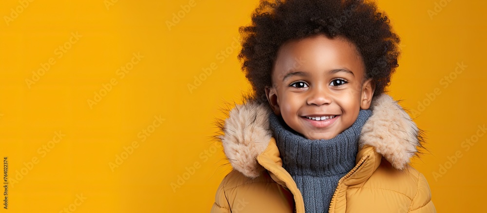 An image showing a close-up of a young child dressed in a warm jacket and a cozy scarf An image showing a close-up of a young child dressed in a warm jacket and a cozy scarf