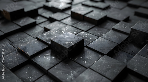 An intriguing arrangement of black tiles with water droplets, playing with light and shadow creating dynamic visuals