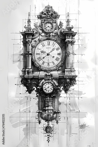 pencil sketch of a detailed clock, baroque time, double exposure with techinical drawings on white paper photo