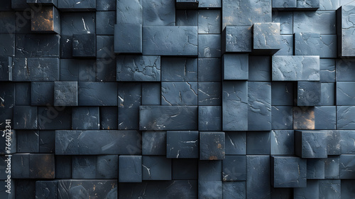 A wall of unevenly stacked dark-blue blocks showcasing a texture that adds depth and character to the image
