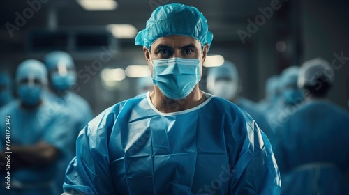 Professional photo of a portrait of a confident male surgeon standing  in front operating room background with backlighting and cinematic lighting and a dark blue color grading