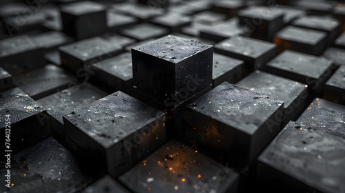 This close-up image features perfectly arranged wet black cubes with reflective surfaces, creating a sense of order and detail