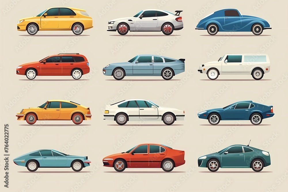 Illustration: different 2D cars on a light background
