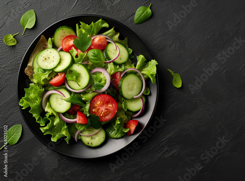 Vegetarian healthy Black bowl of  salad. Cucumbers. onion,  tomatoes freash meal photo