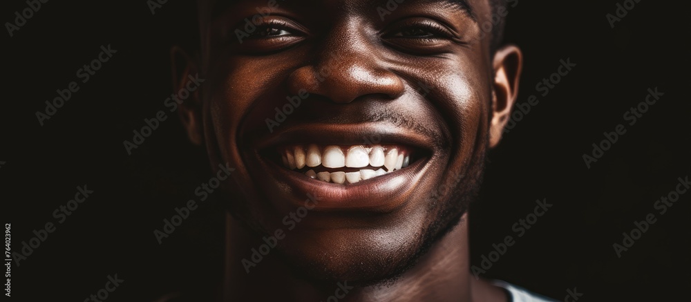 The image features a man displaying a wide smile in a close-up shot against a solid black background