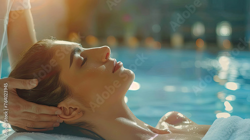 Caucasian couple enjoying relaxing anti-stress head massage and pampering facial beauty skin recreation leisure in dayspa modern light ambient at luxury resort or hotel spa salon. Quiescent.