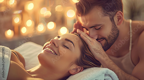Caucasian couple enjoying relaxing anti-stress head massage and pampering facial beauty skin recreation leisure in dayspa modern light ambient at luxury resort or hotel spa salon. Quiescent. photo