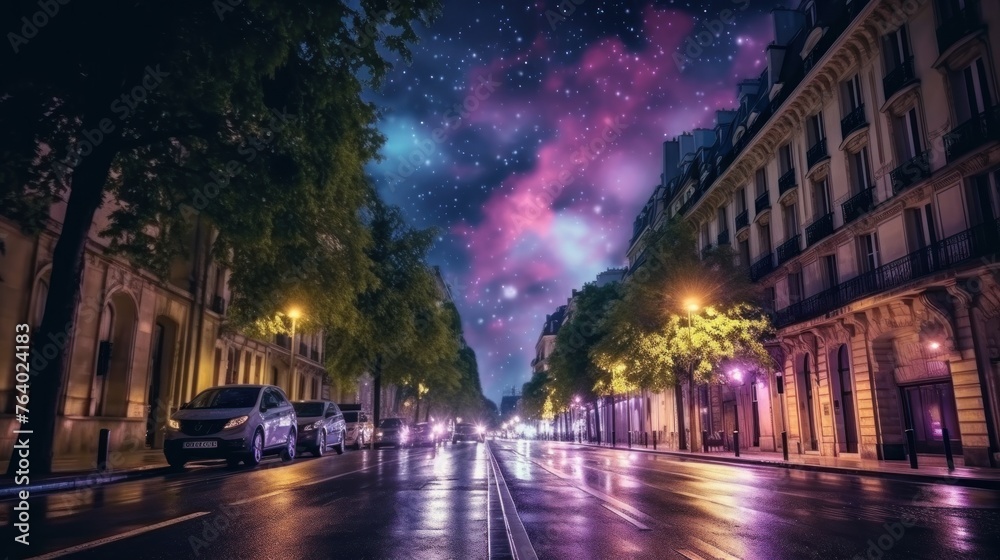 City night street scene with beautiful night sky.