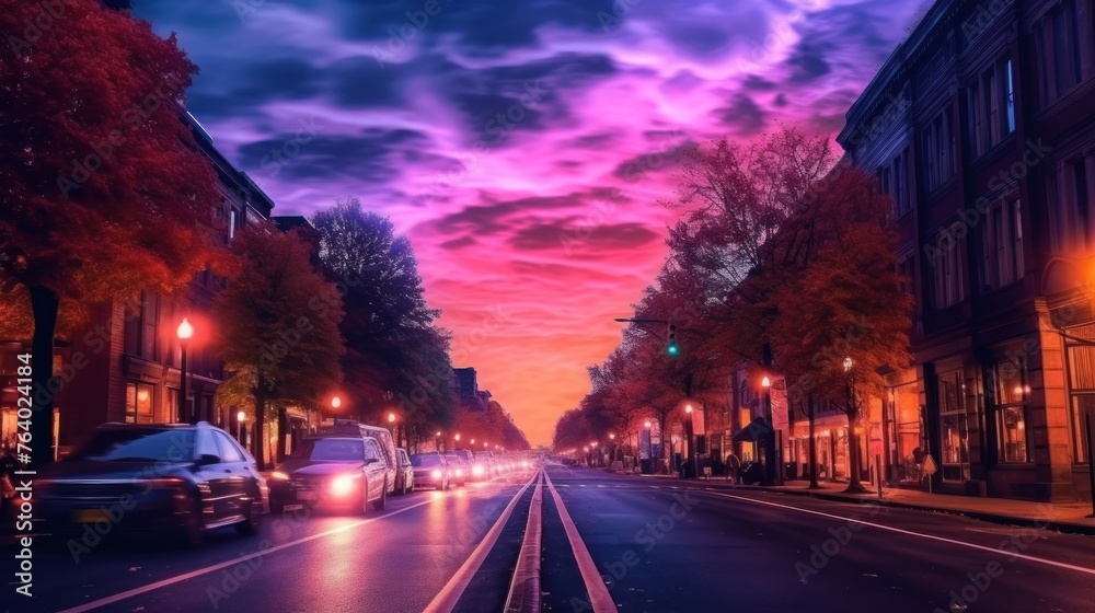 City night street scene with beautiful night sky.