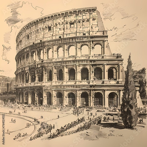 Sketch of ancient colosseum in Rome, detailed line drawings on vintage paper 