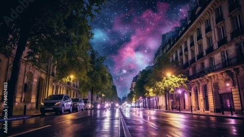 City night street scene with beautiful night sky. © SULAIMAN