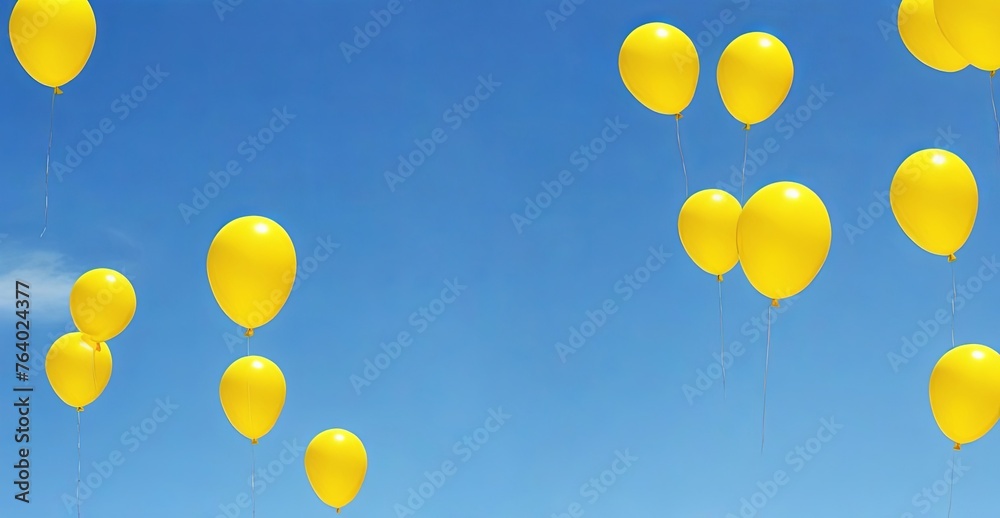 yellow balloons in the clear blue sky background. Birthday party trendy ad banner. yellow balloons in the clear blue sky background. Birthday party trendy ad banner.