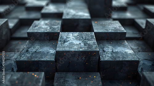 Moody image depicting an array of three-dimensional cubes with subtle orange glow  suggesting advanced technology or alien architecture