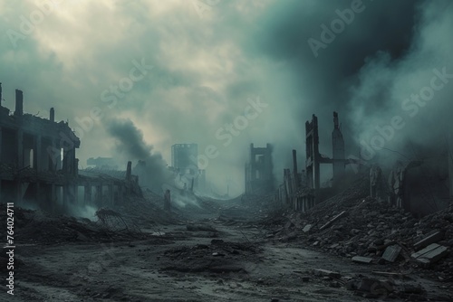 view of destroyed by war city ruins of buildings and smoke in air, generative AI