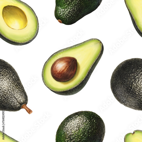 Seamless pattern with Illustrations of avocado. Color pencil drawings. Perfect for product packaging, home textile, stationery and other goods (ID: 764024903)