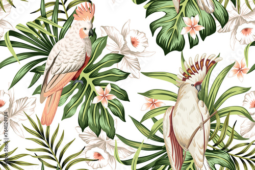 Tropical vintage palm leaves, white orchid flower, pink cockatoo parrot floral seamless pattern white background. Exotic jungle wallpaper.