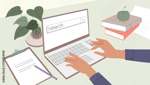 Office desk with laptop and hands. Vector illustration of information research or working. Horizontal aspect ratio. 