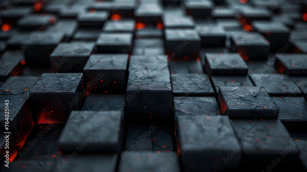 Fototapeta premium A mesmerizing pattern of black cubes with red glowing accents creating a mysterious 3D effect