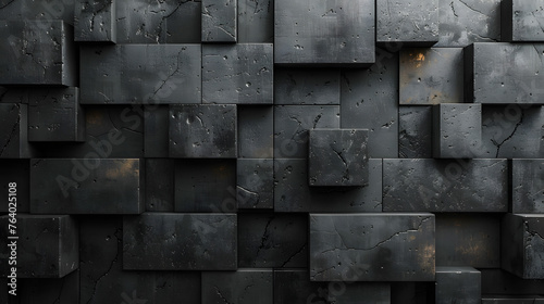 This abstract composition features textured dark cubes arranged in a repetitive, grid-like pattern