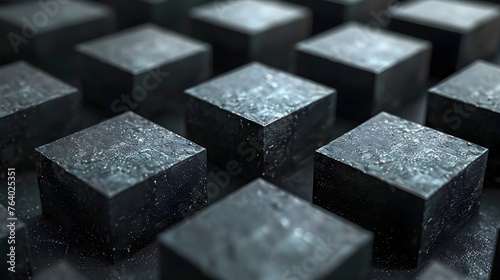 Close-up image showing the detailed surface of wet black cubes with reflections and texture