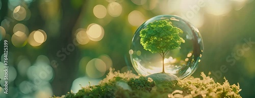 glass globe ball with tree growing and green nature blur background. eco earth day concept 4K Video photo