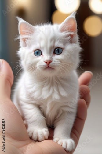 An adorable tiny white kitten on a human hand, vertical composition © Thanh