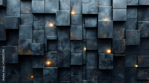 Abstract composition of blue metallic cubes with glowing details creating a futuristic texture pattern