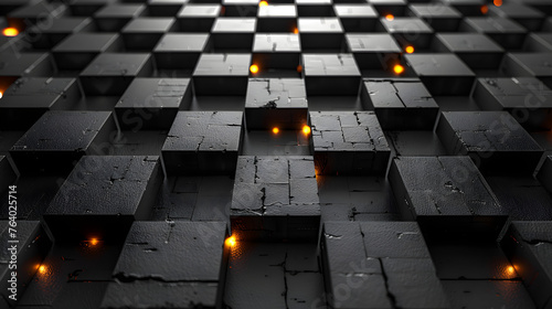 Black cubic surface illuminated with orange glowing lights creating a high-tech atmosphere