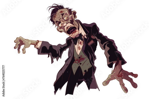 A suited businessman zombie, his expensive attire in tatters, reaching out with a ghastly expression.