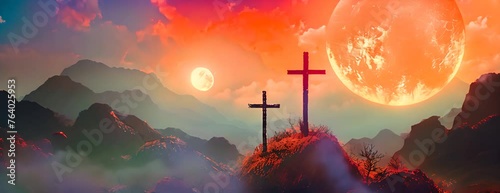 Good friday - Three cross crucifix on mountain and orange green sky and sunshine texture background vector design 4K Video photo