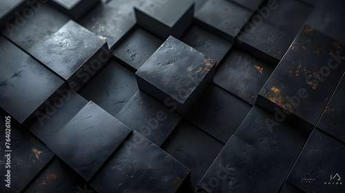 Artistic composition of textured black cubes with hints of gold, showcasing a contrast between luxury and simplicity