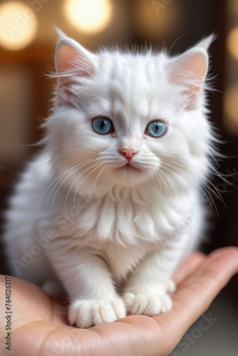 An adorable tiny white kitten on a human hand, vertical composition